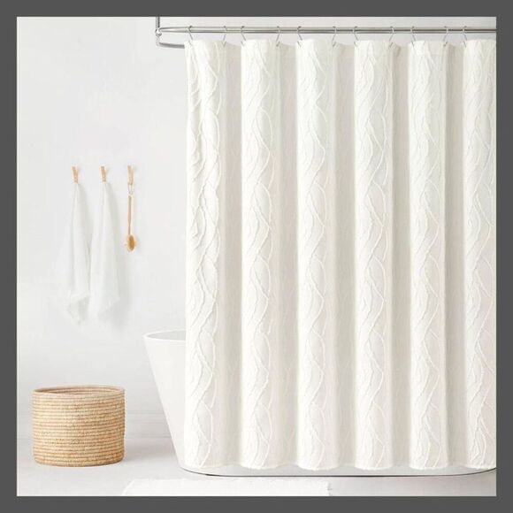Open Box - Lush Decor -  Wave Clip Jacquard Tufted Shower Curtai White - Picture 1 of 5